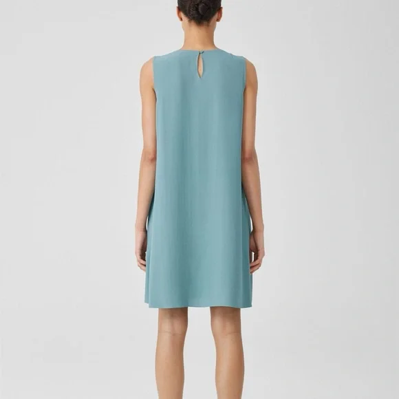 Eileen Fisher Silk Georgette Crepe Round Neck Dress Teal SP - Picture 5 of 9